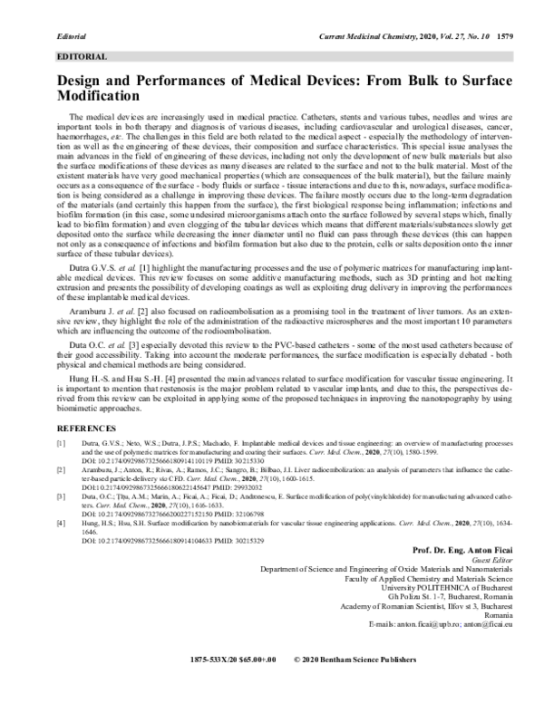 (PDF) Design and Performances of Medical Devices: From Bulk to Surface ...