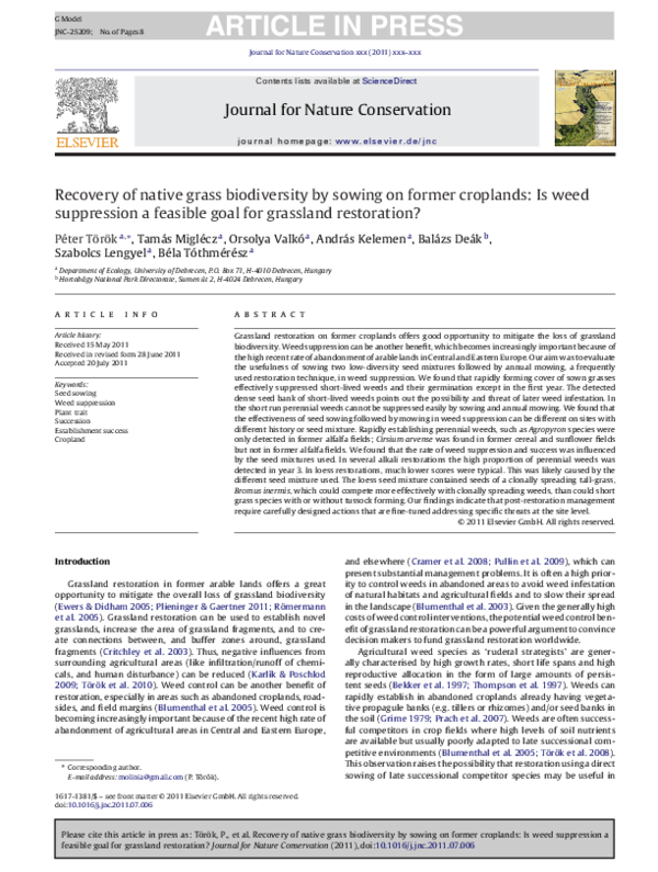 (PDF) Recovery of native grass biodiversity by sowing on former ...