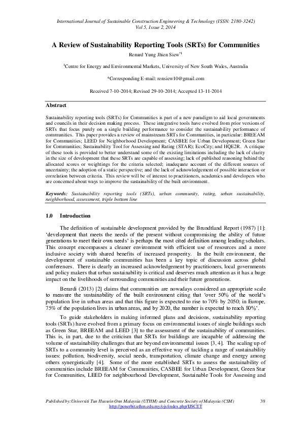 (PDF) A Review of Sustainability Reporting Tools (SRTs) for Communities