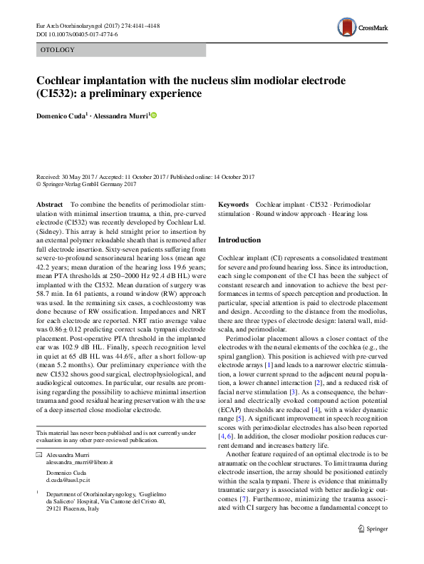 (PDF) Cochlear implantation with the nucleus slim modiolar electrode ...