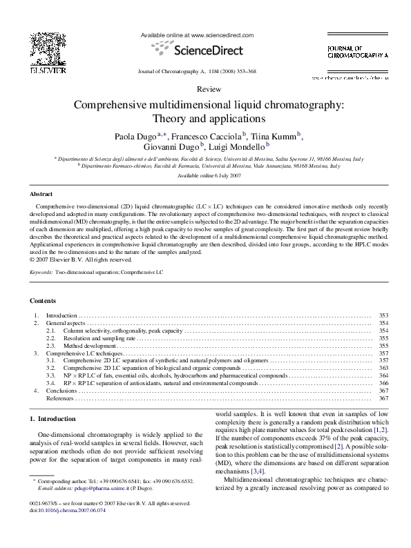 (PDF) Comprehensive multidimensional liquid chromatographic separation in biomedical and
