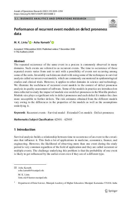 (PDF) Performance of recurrent event models on defect proneness data