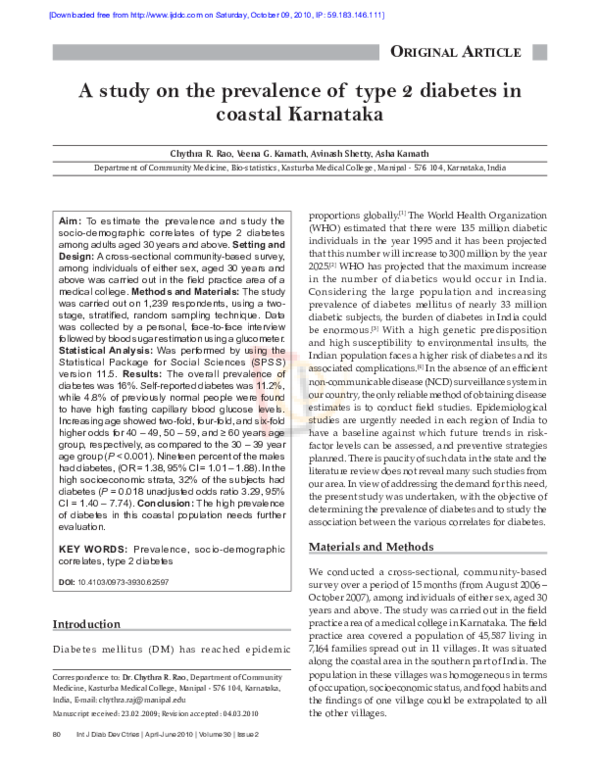 (PDF) A study on the prevalence of type 2 diabetes in coastal Karnataka