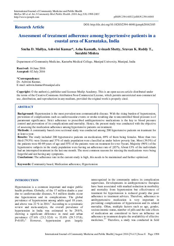 (PDF) Assessment of treatment adherence among hypertensive patients in ...