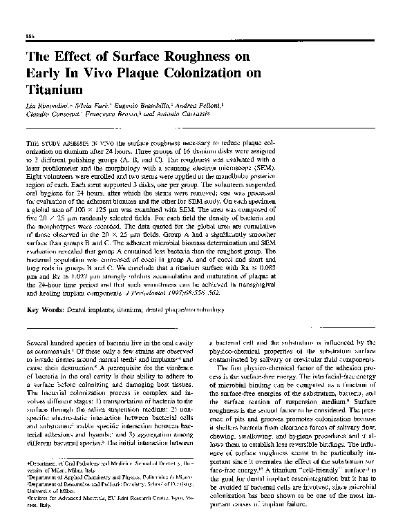 (PDF) The Effect of Surface Roughness on Early In Vivo Plaque ...