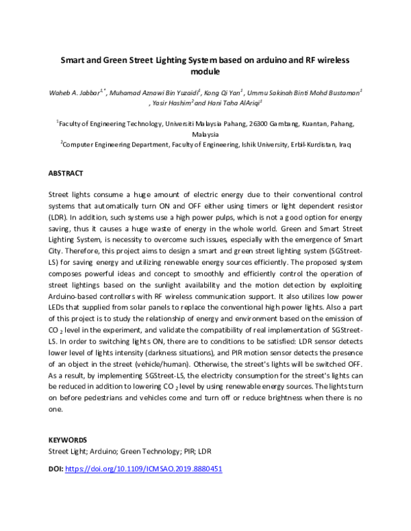 (PDF) Smart and Green Street Lighting System Based on Arduino and RF ...