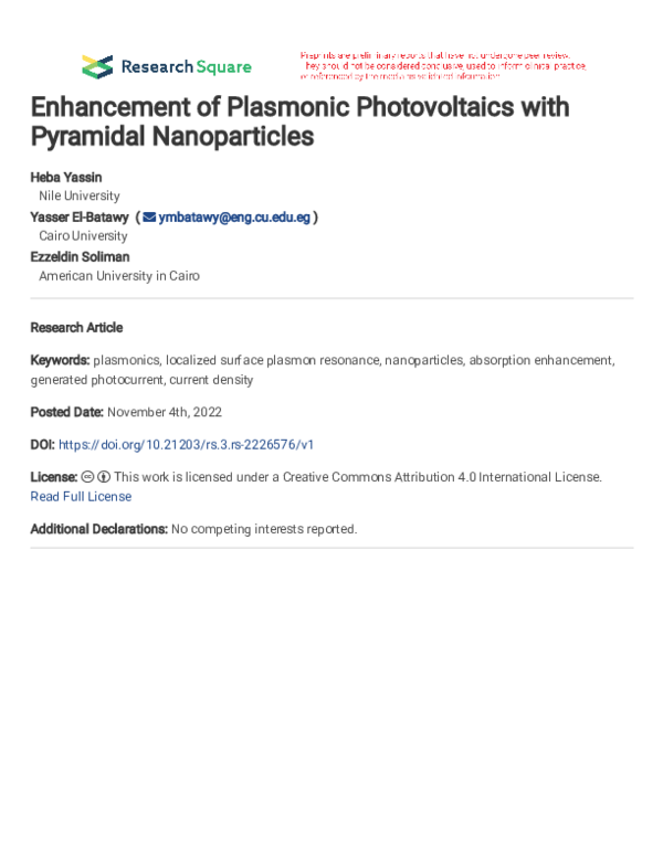 (PDF) Enhancement of Plasmonic Photovoltaics with Pyramidal Nanoparticles