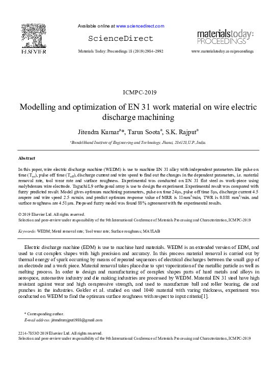 (PDF) Modelling and optimization of EN 31 work material on wire ...