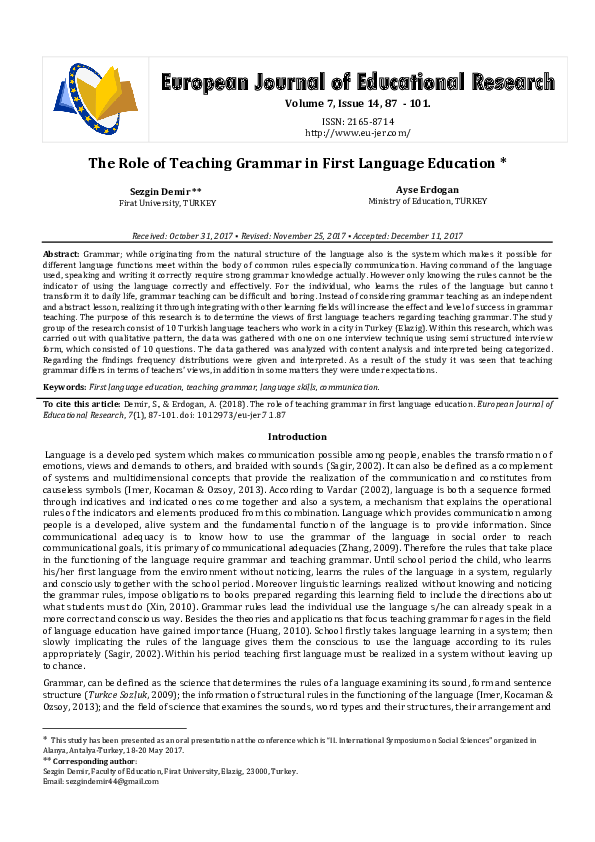 (PDF) The Role of Teaching Grammar in First Language Education