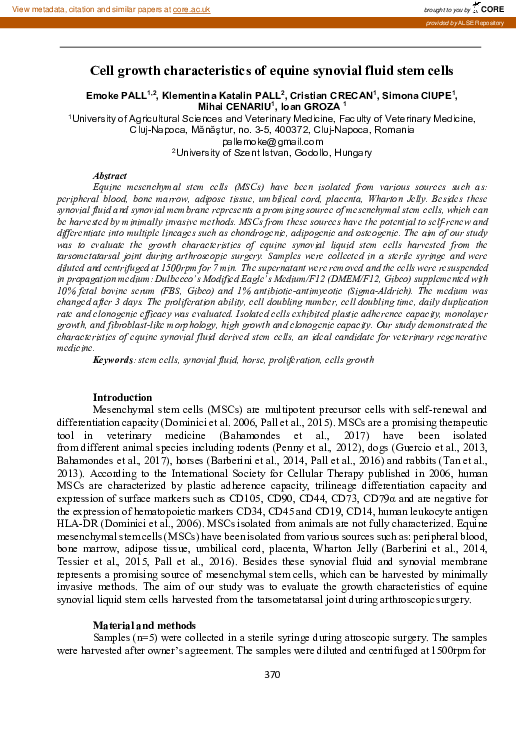 (PDF) Cell growth characteristics of equine synovial fluid stem cells