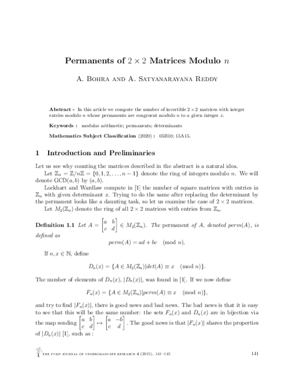 (PDF) Permanents of 2 × 2 Matrices Modulo n