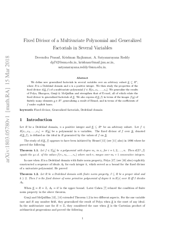 (PDF) Fixed Divisor of a Multivariate Polynomial and Generalized ...