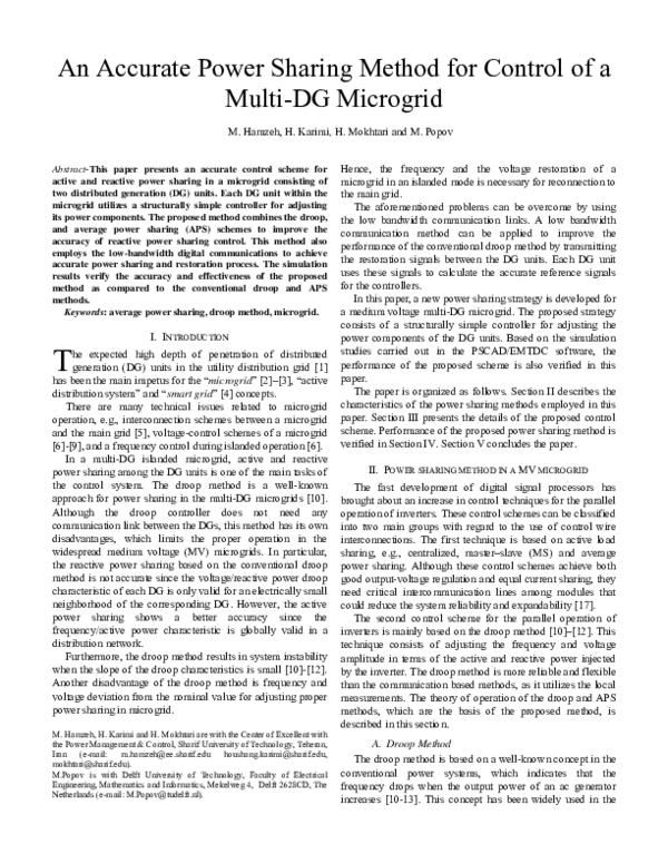 (PDF) An Accurate Power Sharing Method for Control of a Multi-DG Microgrid