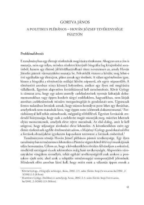 (PDF) A politikus plébános – Hován József tevékenysége Pásztón