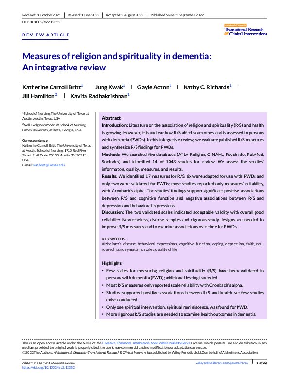 (PDF) Measures of religion and spirituality in dementia: An integrative ...