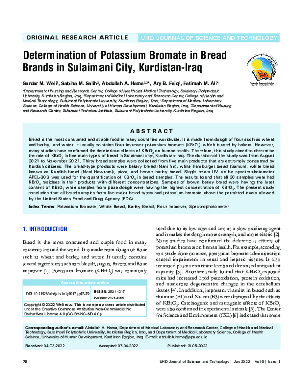 (PDF) Determination of Potassium Bromate in Bread Brands in Sulaimani City, KurdistanIraq