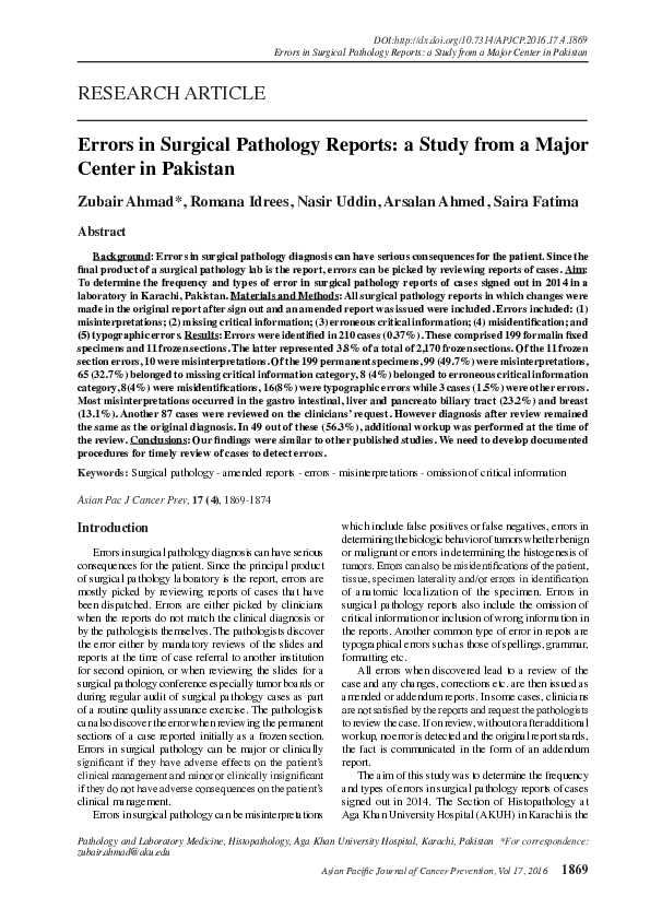(PDF) Errors in Surgical Pathology Reports: a Study from a Major Center ...
