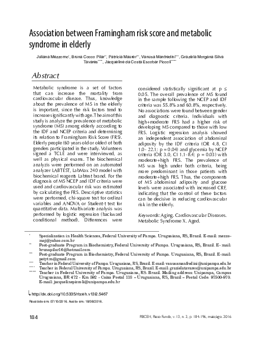 (PDF) Association between Framingham risk score and metabolic syndrome ...