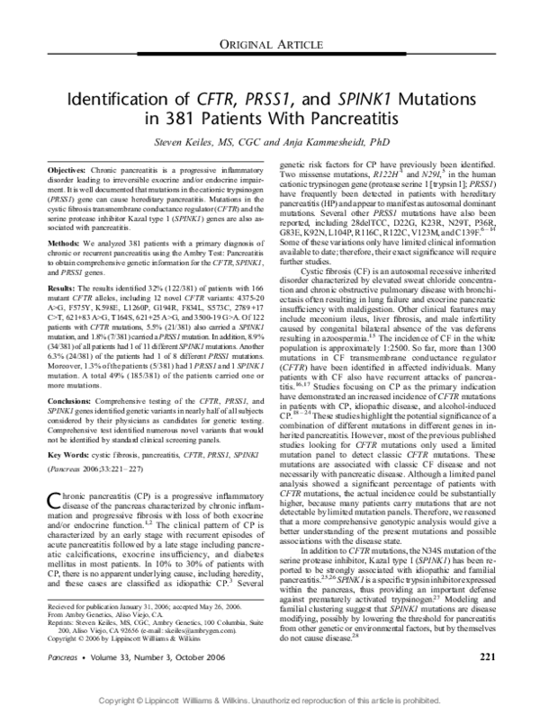 (PDF) Identification of CFTR, PRSS1, and SPINK1 mutations in 381 ...