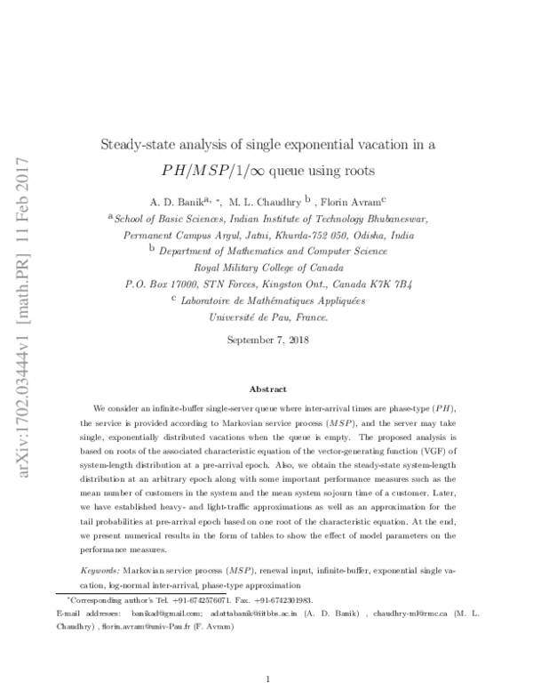 (PDF) Steady-state analysis of single exponential vacation in a PH/MSP ...