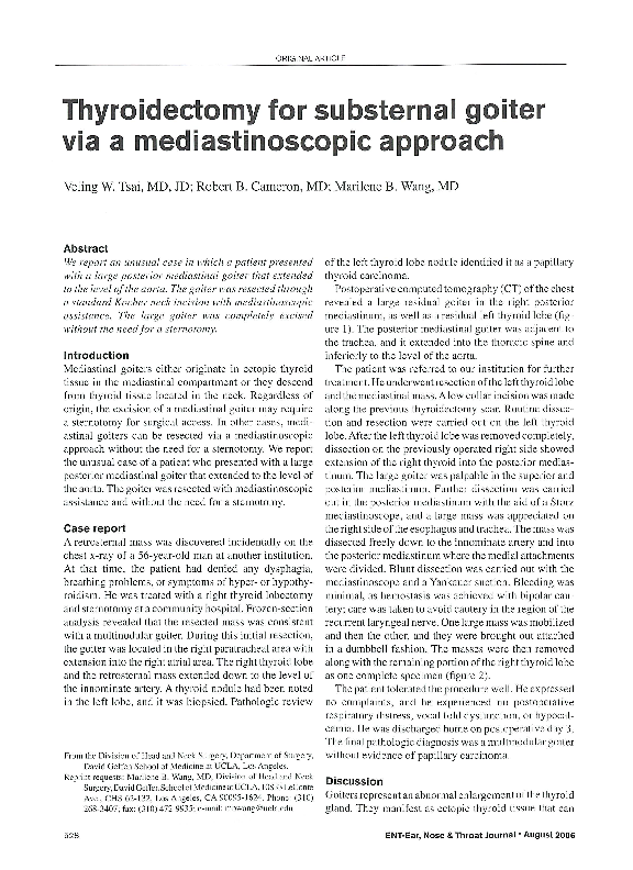(PDF) Thyroidectomy for Substernal Goiter via a Mediastinoscopic Approach