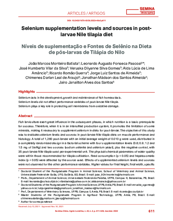 (PDF) Selenium supplementation levels and sources in postlarvae Nile ...
