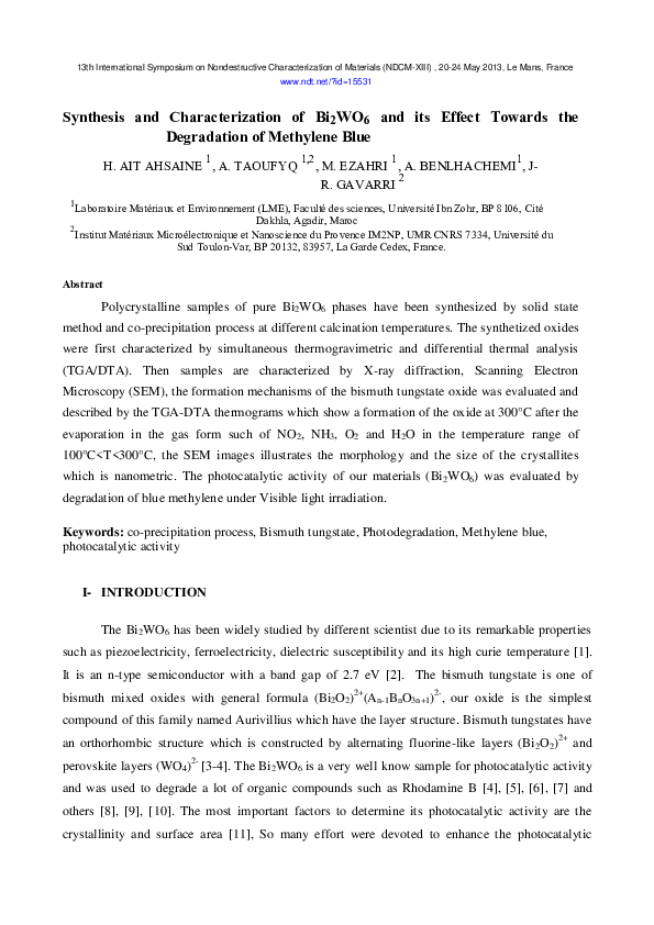 (PDF) Synthesis and Characterization of Bi2WO6 and its Effect Towards ...