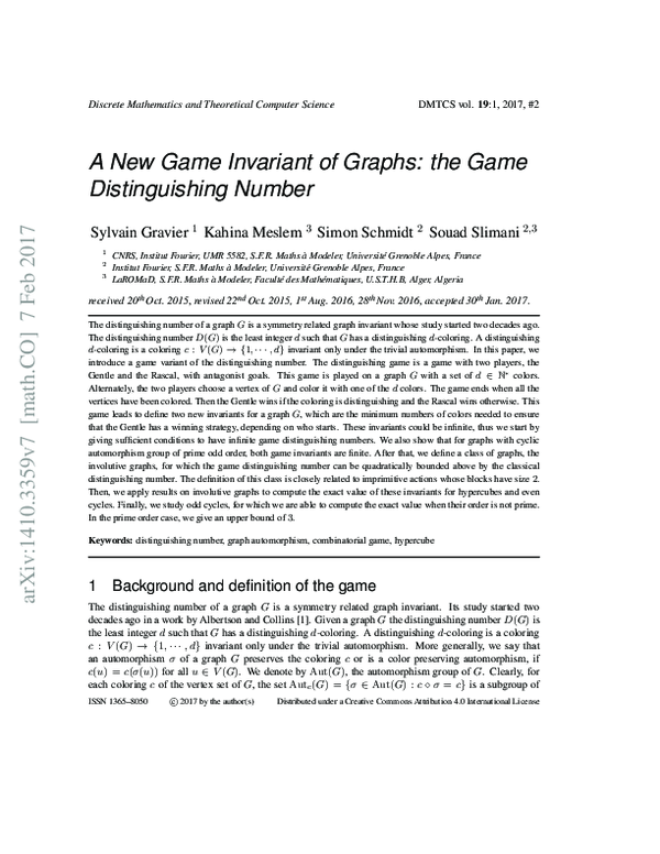 (PDF) A New Game Invariant of Graphs: the Game Distinguishing Number