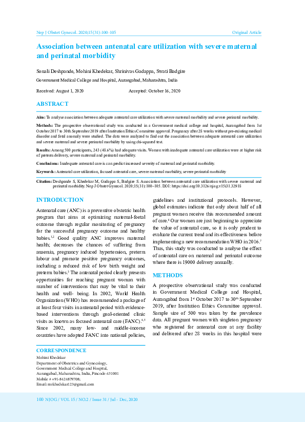 (PDF) Association between antenatal care utilization with severe ...