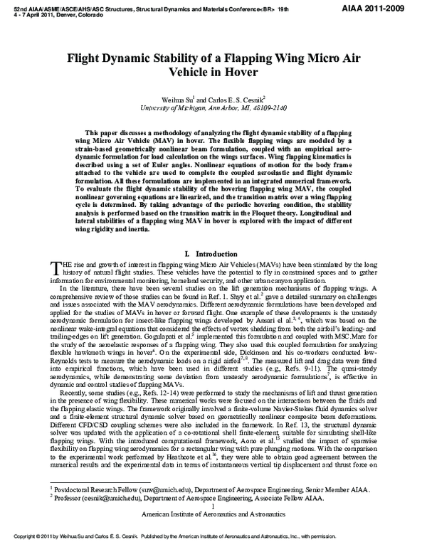 (PDF) Flight Dynamic Stability of a Flapping Wing Micro Air Vehicle in ...