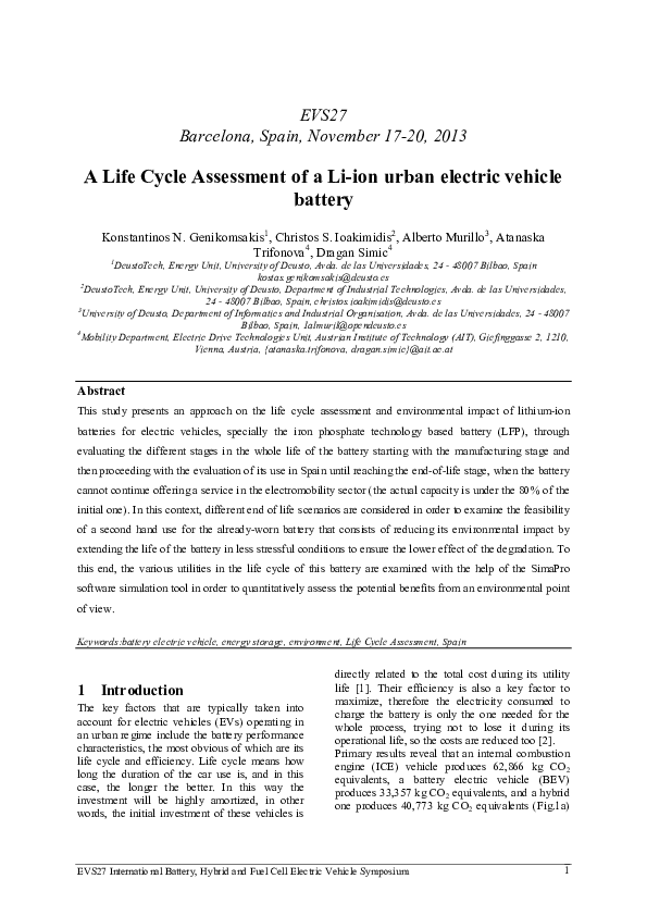 (PDF) A life cycle assessment of a Li-ion urban electric vehicle battery