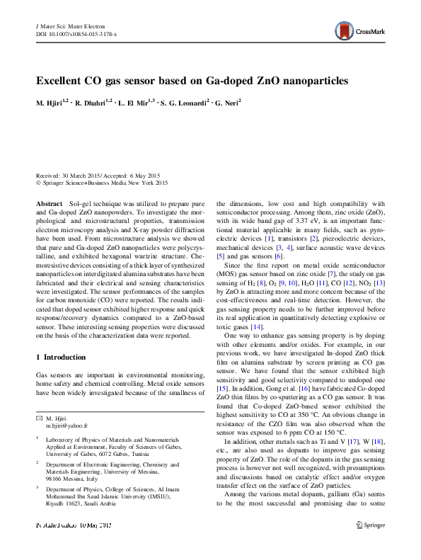 (PDF) Excellent CO gas sensor based on Ga-doped ZnO nanoparticles