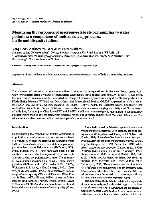 (PDF) Measuring the responses of macroinvertebrate communities to water pollution: a comparison ...