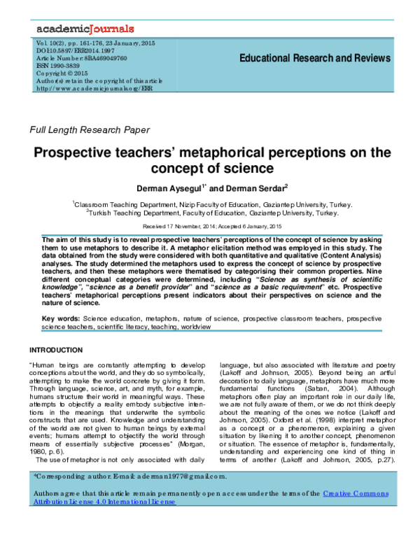 (PDF) Prospective teachers metaphorical perceptions on the concept of ...