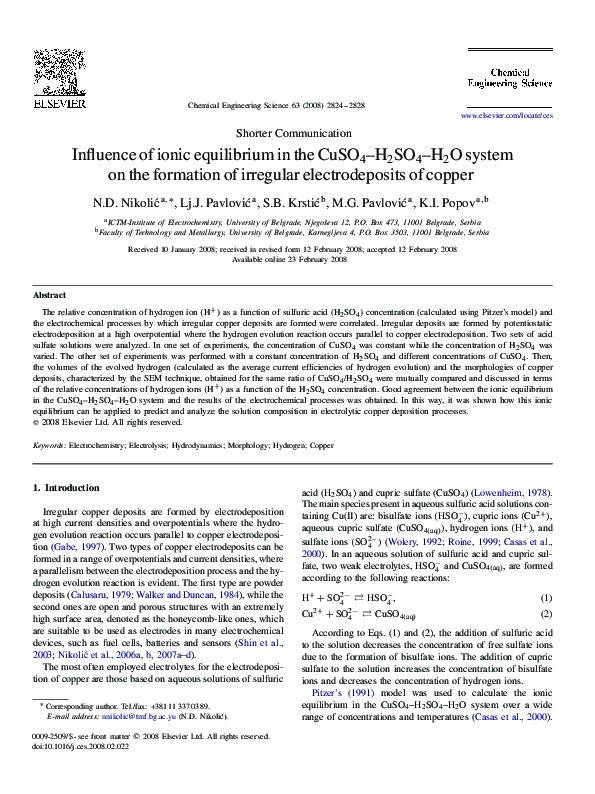 (PDF) Influence of ionic equilibrium in the CuSO4–H2SO4–H2O system on ...