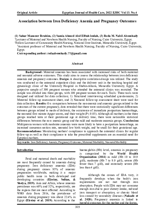 (PDF) Association between Iron Deficiency Anemia and Pregnancy Outcomes