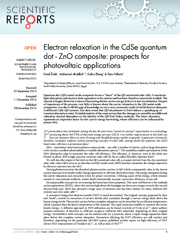 (PDF) Electron relaxation in the CdSe quantum dot--ZnO composite ...