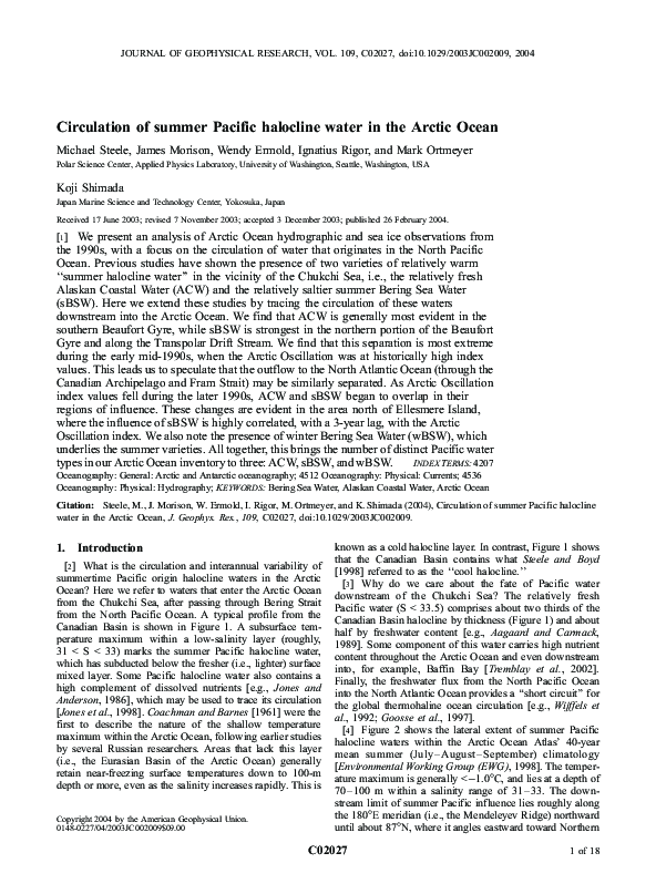 (PDF) Circulation of summer Pacific halocline water in the Arctic Ocean
