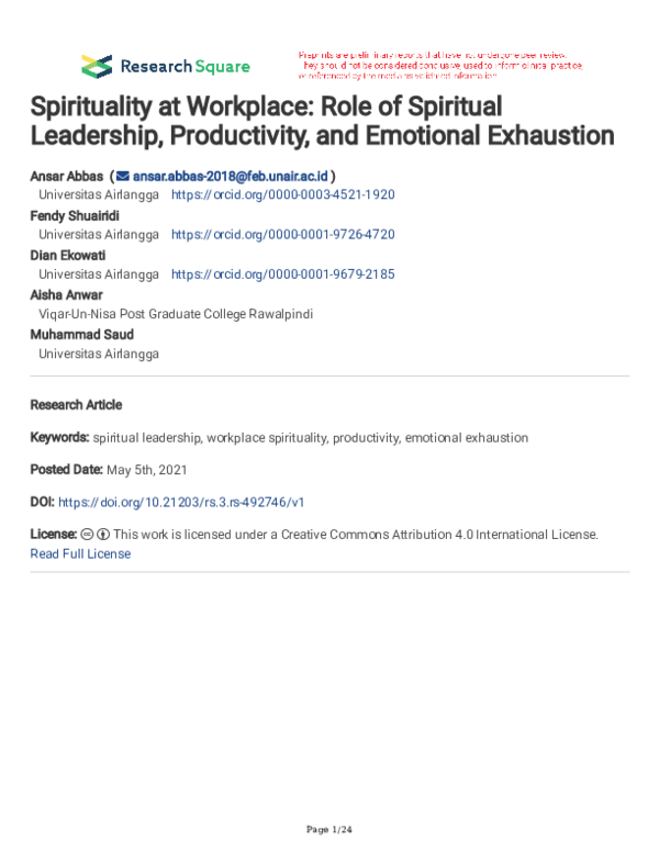 (PDF) Spirituality at Workplace: Role of Spiritual Leadership ...