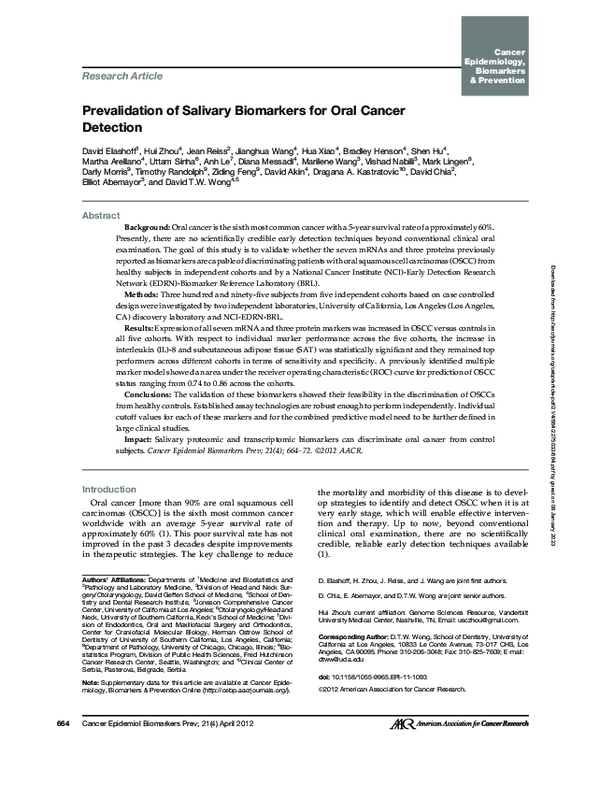 (PDF) Prevalidation of Salivary Biomarkers for Oral Cancer Detection