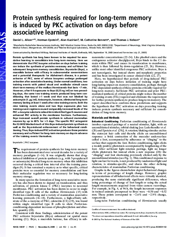 (PDF) Protein synthesis required for long-term memory is induced by PKC ...