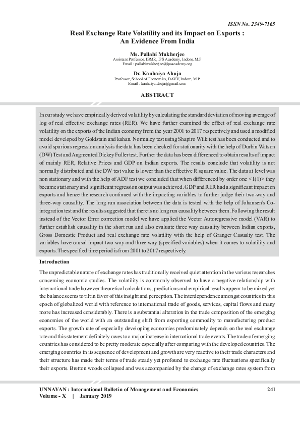 (PDF) Real Exchange Rate Volatility and its Impact on Exports : An ...