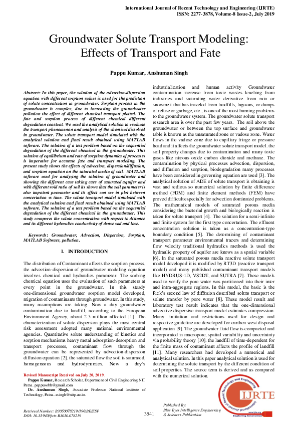 (PDF) Groundwater Solute Transport Modeling: Effects of Transport and Fate