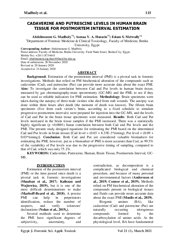 (PDF) Cadaverine and Putrescine Levels in Human Brain Tissue for ...