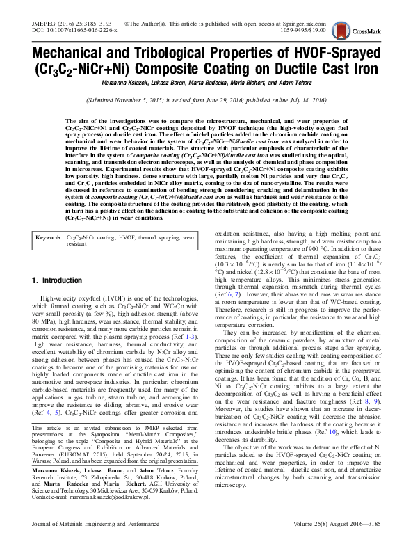 (PDF) Mechanical and Tribological Properties of HVOF-Sprayed (Cr3C2 ...