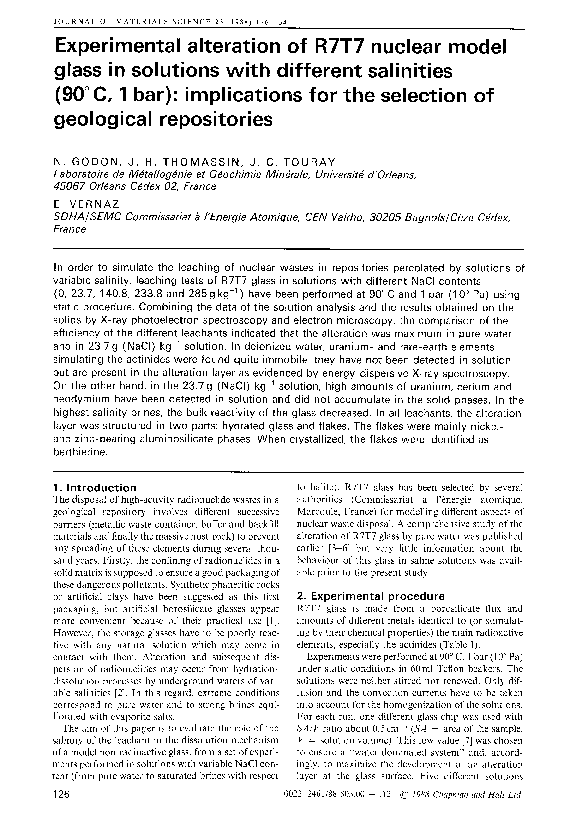 (PDF) Experimental alteration of R7T7 nuclear model glass in solutions ...
