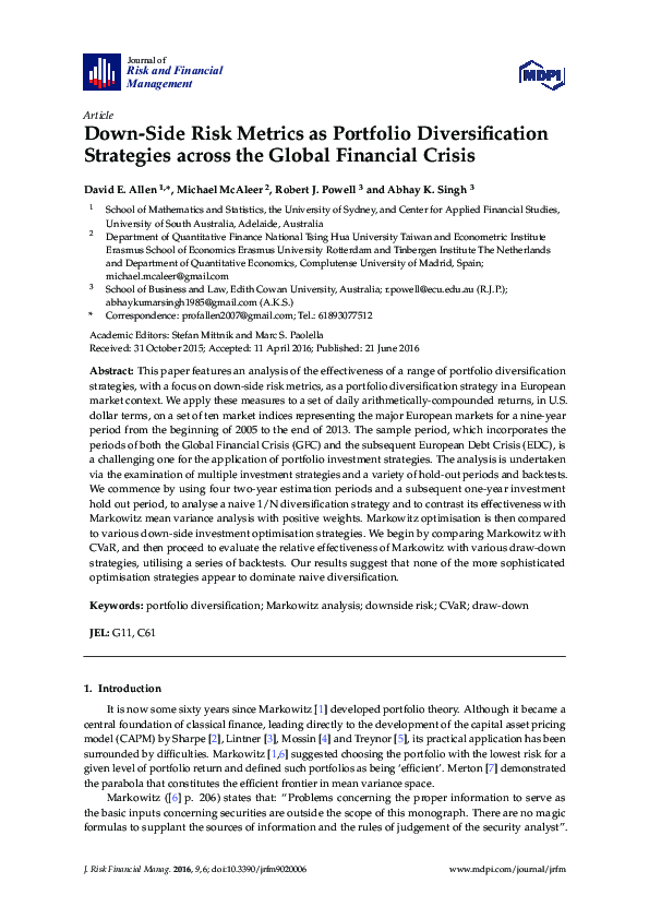 (PDF) Down-Side Risk Metrics as Portfolio Diversification Strategies ...