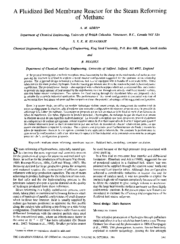 (PDF) A fluidized bed membrane reactor for the steam reforming of methane