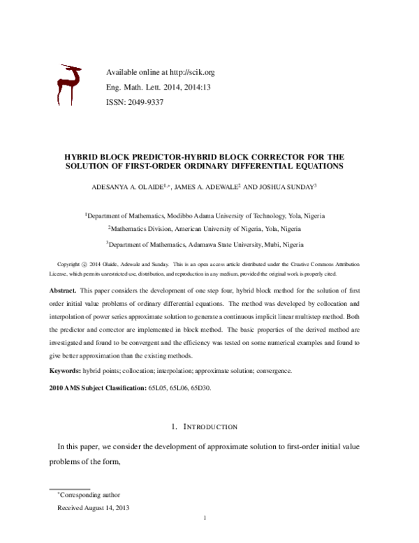 (PDF) Hybrid block predictor-hybrid block corrector for the solution of ...