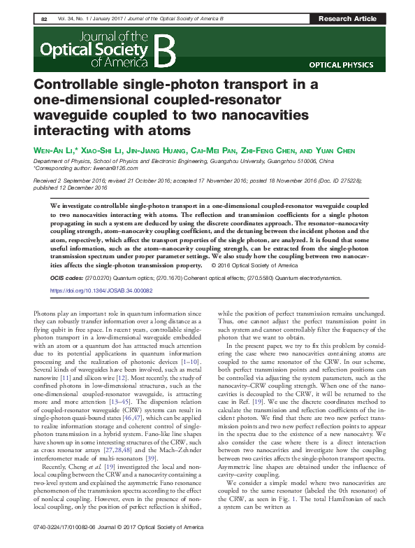 (PDF) Controllable single-photon transport in a one-dimensional coupled ...